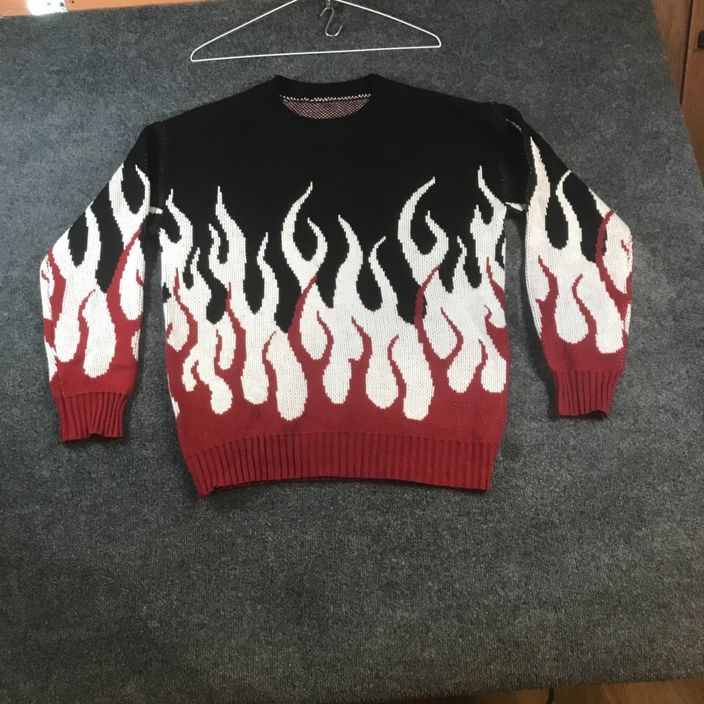 Mens L Sweater Multicolor Flame Print Tight Knit Crewneck Pullover Everyday Wear